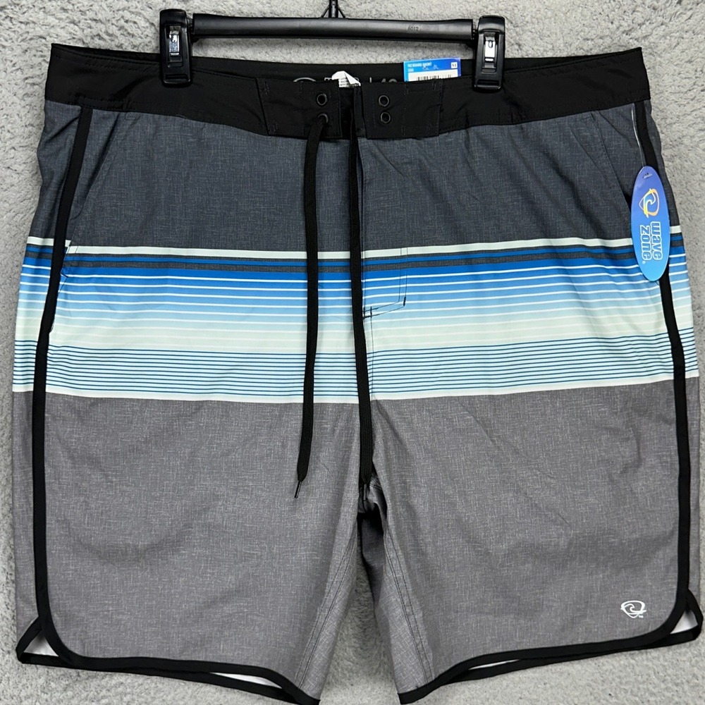 Wave Zone Mens Swim Trunks 42 Gray Stripes‎ Lined Drawstring Board Shorts NEW